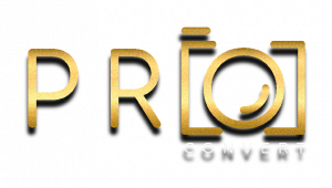 Hier siehst du das Pro Convert Logo als goldenen Schriftzug mit dem O als grafisches Element einer minimalistisch dargestellten Kamera.